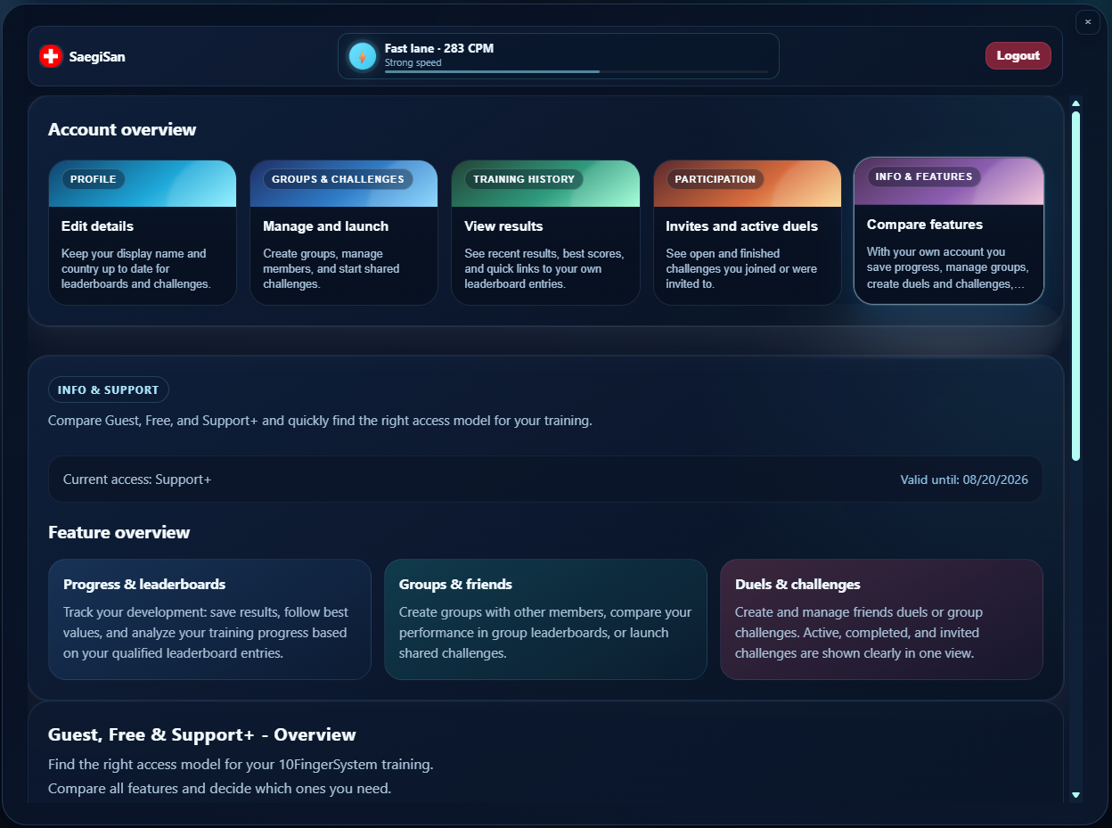 Account overview with profile, groups, history and challenges